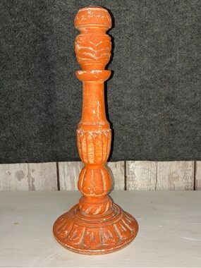 Orange Decorative Carved Wood Candlestick - Unbranded
